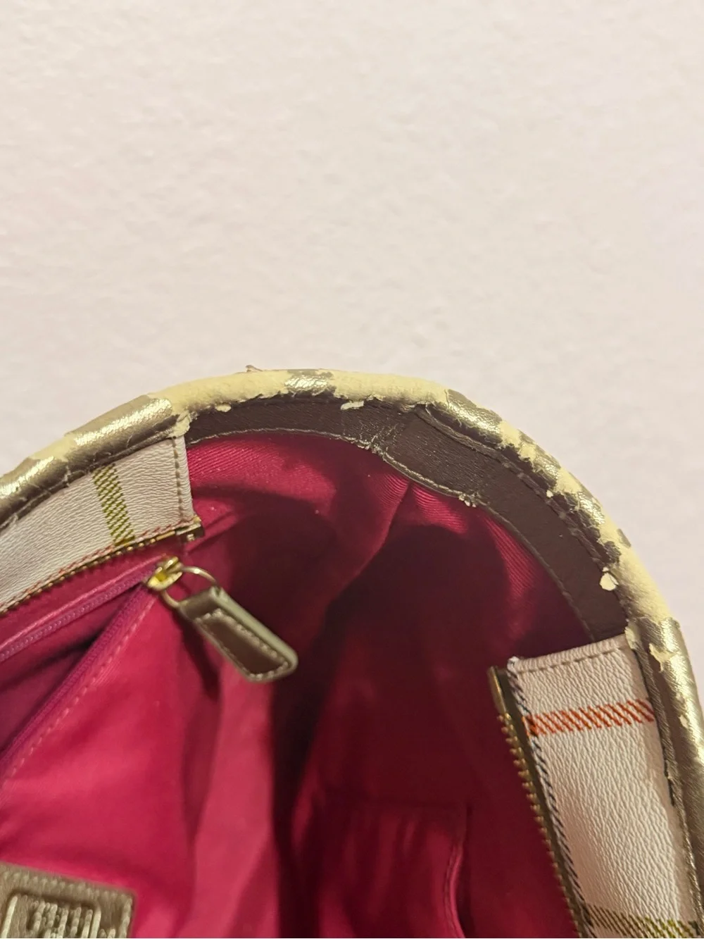 Vintage Coach Plaid Shoulder Tote in Cream with Gold Handles and Pink Logo